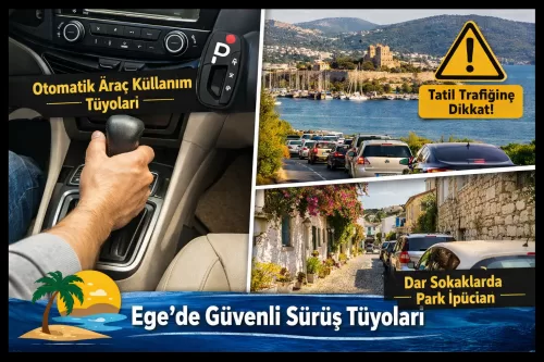 Ege’nin yazlık bölgelerinde otomatik araç kullanımı, doğru park etme ve tatil trafiğinde güvenli sürüş tüyolarını anlatan bilgilendirici görsel.