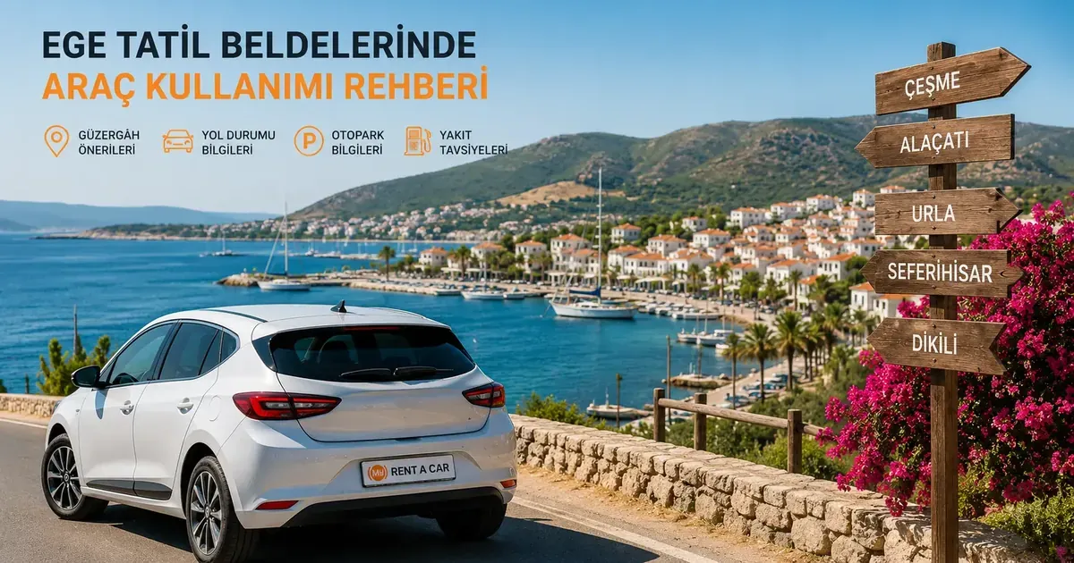 Ege tatil beldelerinde araç kullanımı, yol kuralları, park alanları ve güvenli sürüş önerilerini gösteren rehber görseli.