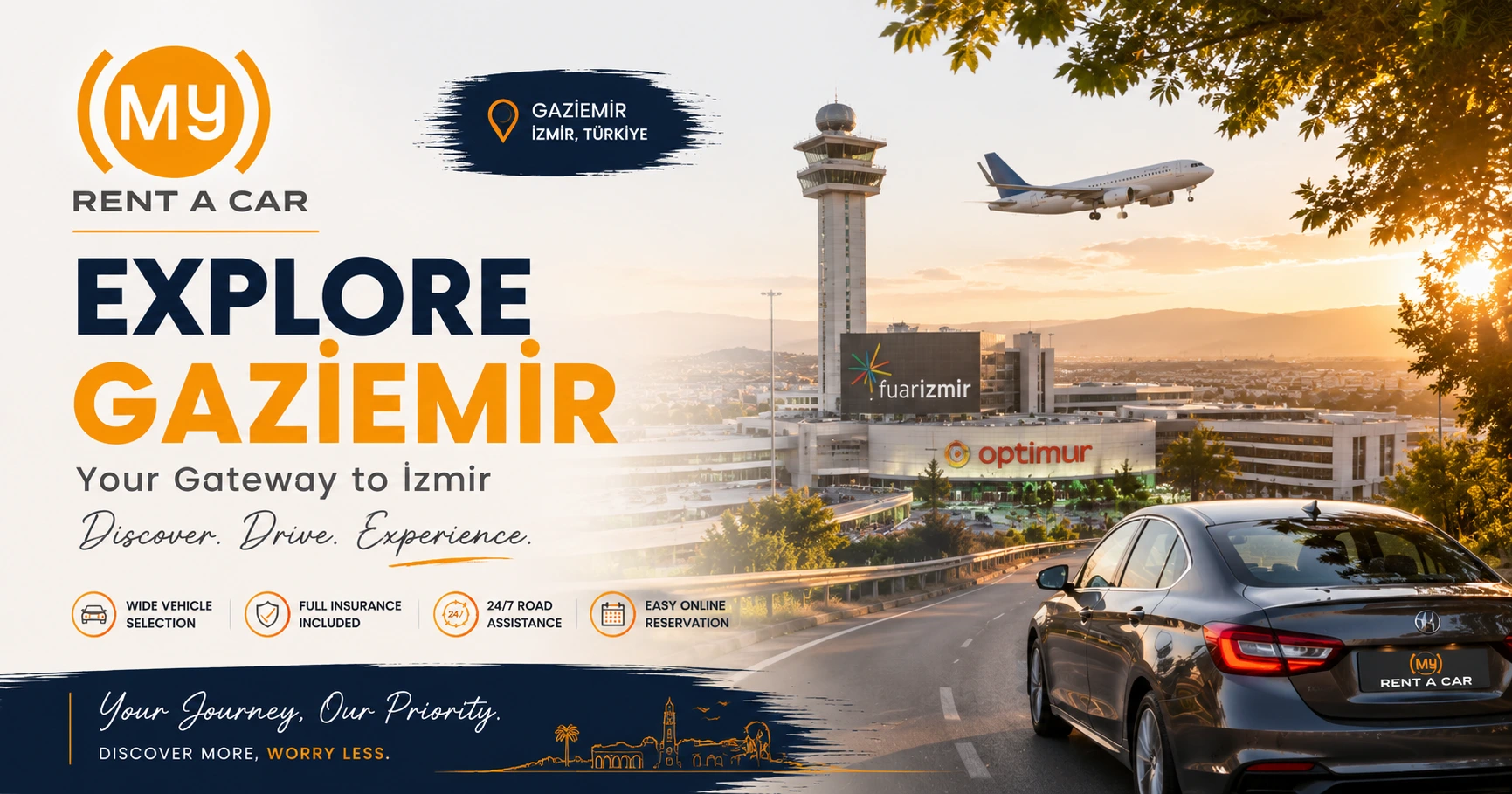 Gaziemir'de gezilecek yerler, Fuar İzmir, İzmir Optimum ve havalimanına yakın merkezi konumun görünümü.