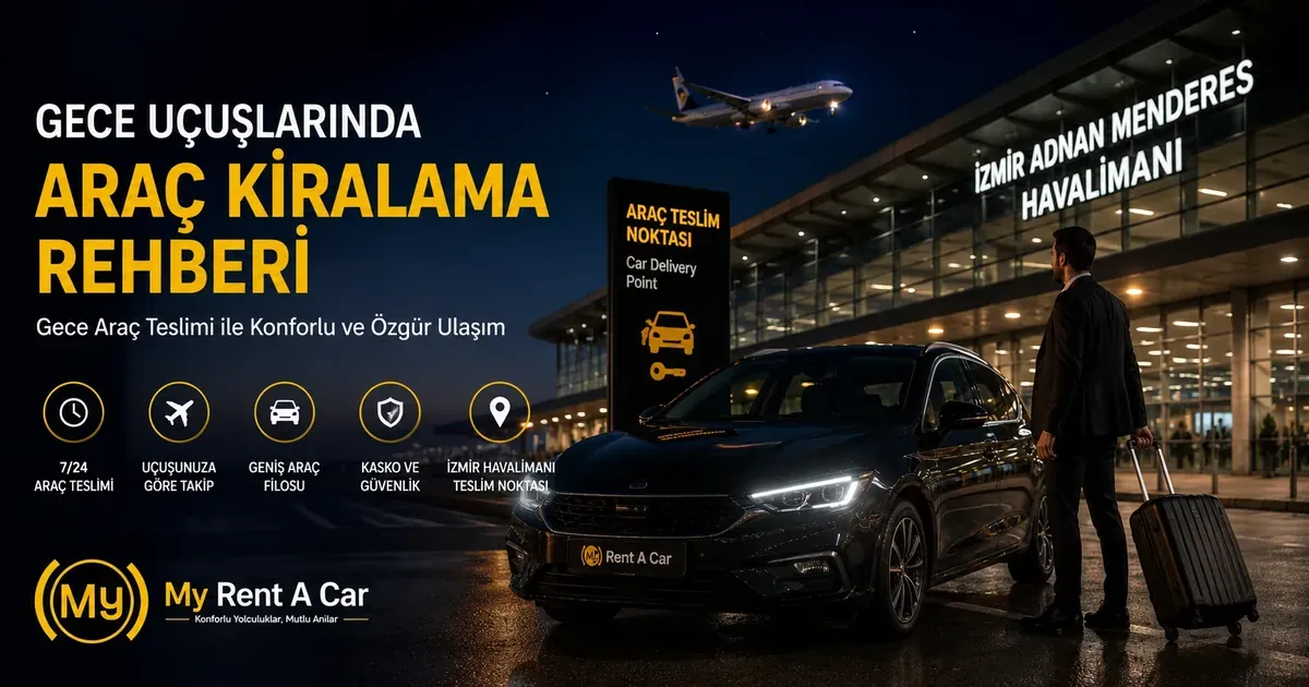 İzmir Adnan Menderes Havalimanı'nda gece araç teslimi ve araç kiralama hizmetini gösteren görsel