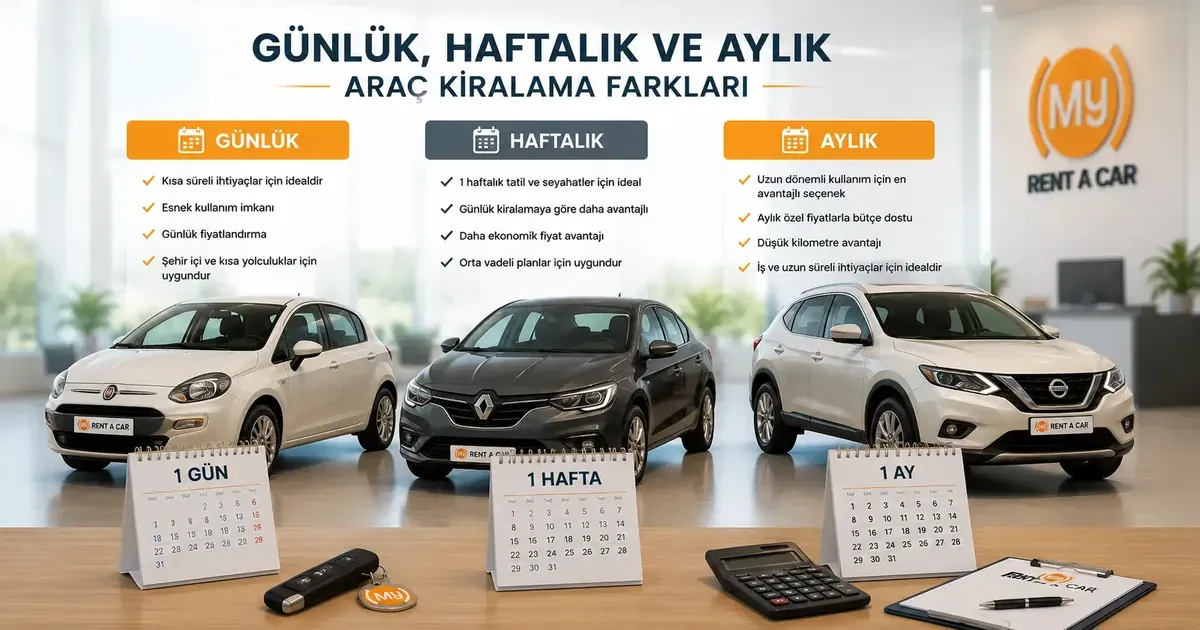 İzmir araç kiralama hizmetlerinde günlük, haftalık ve aylık kiralama seçeneklerini karşılaştıran bilgilendirme görseli.