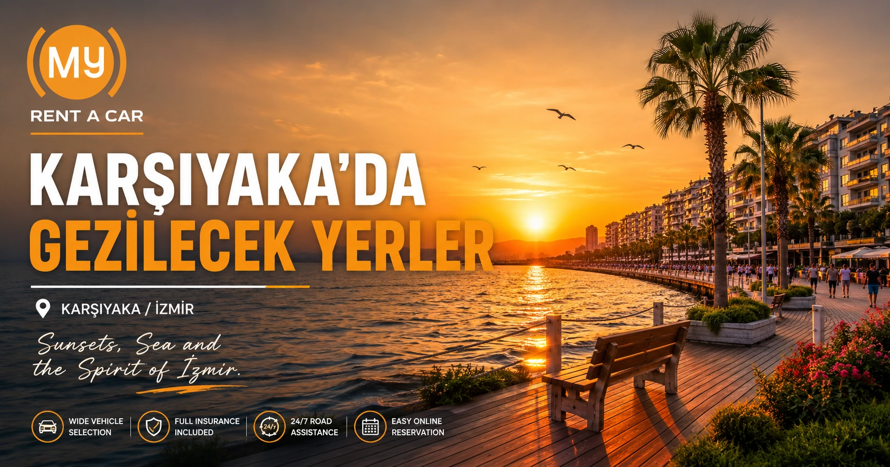 Karşıyaka'da gezilecek yerler, Bostanlı Sahili, Mavişehir ve İzmir Körfezi'nin gün batımı manzarası.