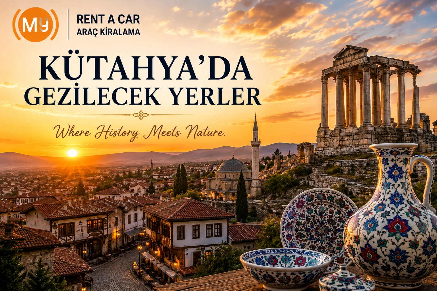 Kütahya'da gezilecek yerler, Aizanoi Antik Kenti, Frig Vadisi ve Murat Dağı'nın tarihi ve doğal manzarası.