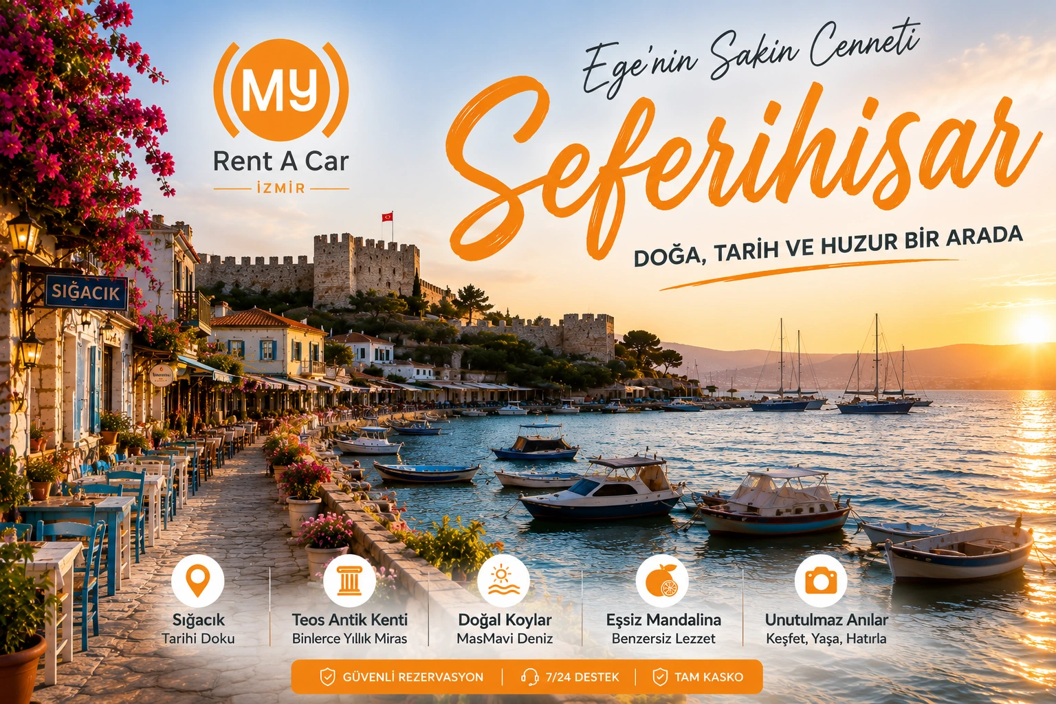 Seferihisar'da gezilecek yerler, Sığacık, Teos Antik Kenti, doğal koylar ve Ege'nin sakin şehir atmosferi.