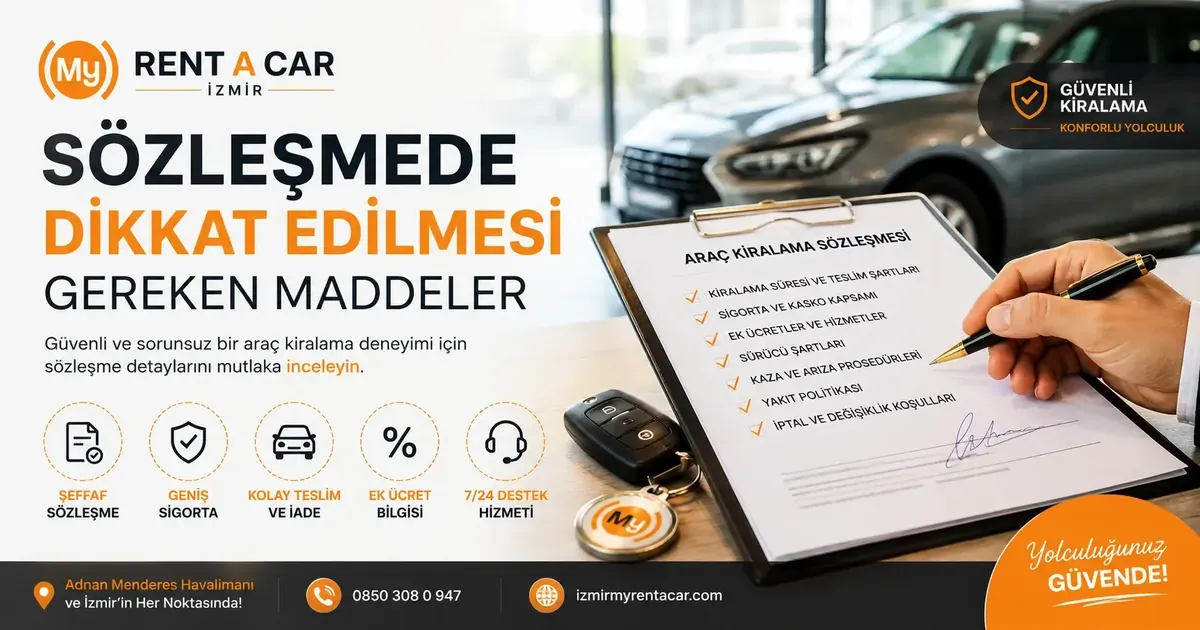Araç kiralama sözleşmesinde dikkat edilmesi gereken maddeler, sigorta, teslim şartları ve araç kiralama sözleşme detayları.