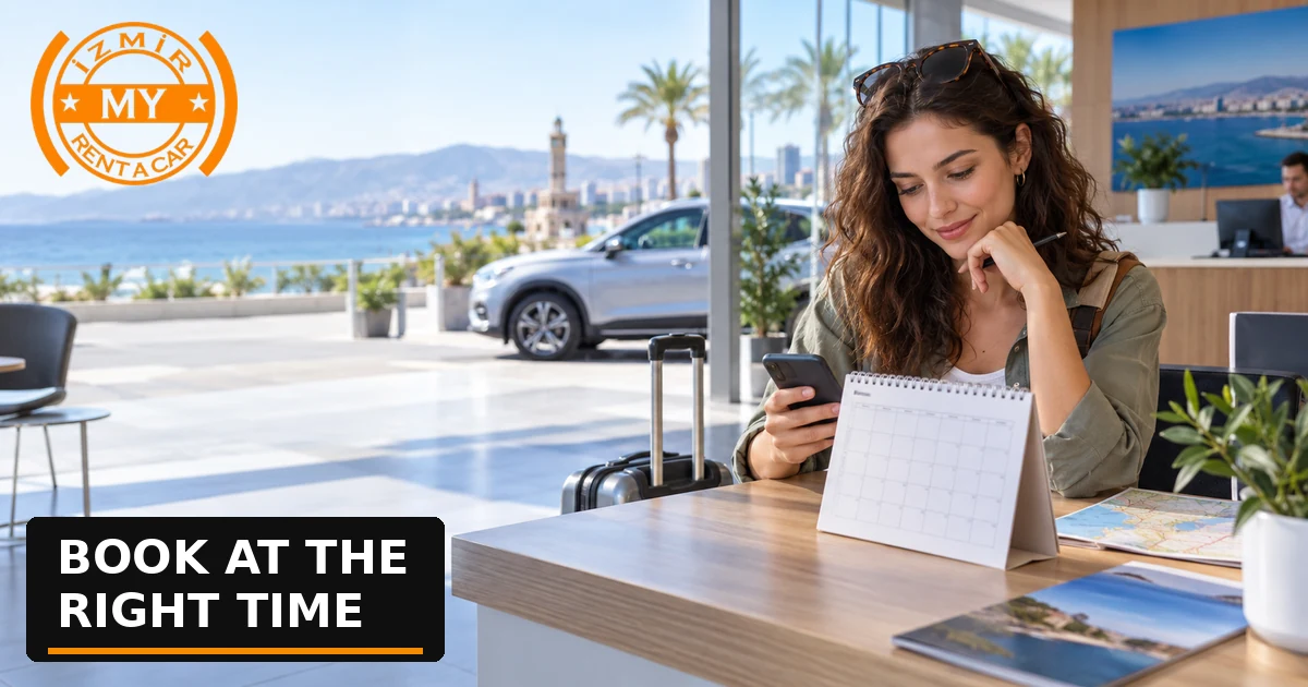 Un voyageur planifie ses dates de voyage à l'aide d'un calendrier et d'un téléphone dans une agence de location de voitures.
