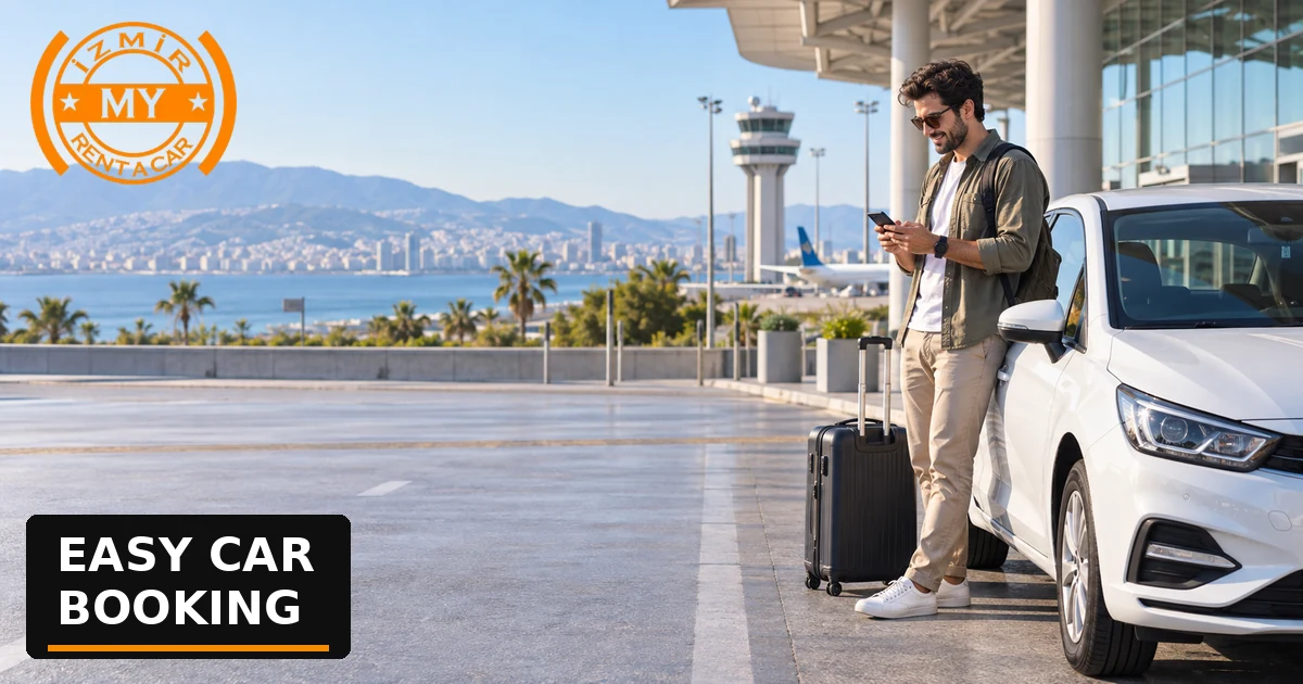 Un voyageur effectue une réservation de voiture de location sur son téléphone près de l'aéroport d'Izmir.