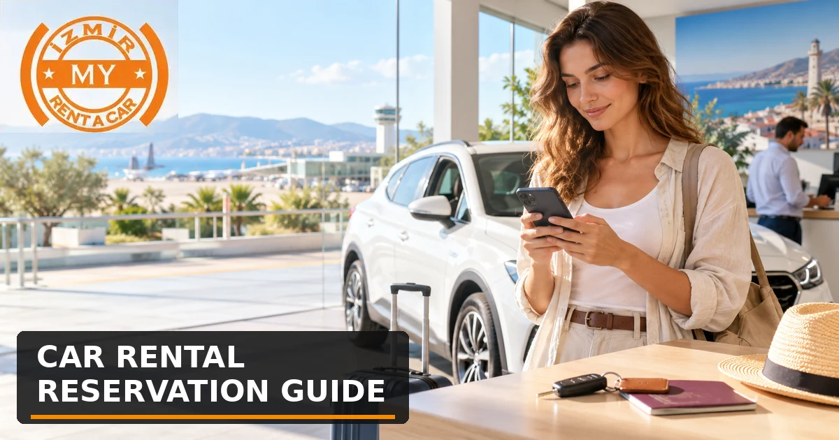 Un voyageur effectue une réservation de voiture de location sur son téléphone près de l'aéroport d'Izmir.