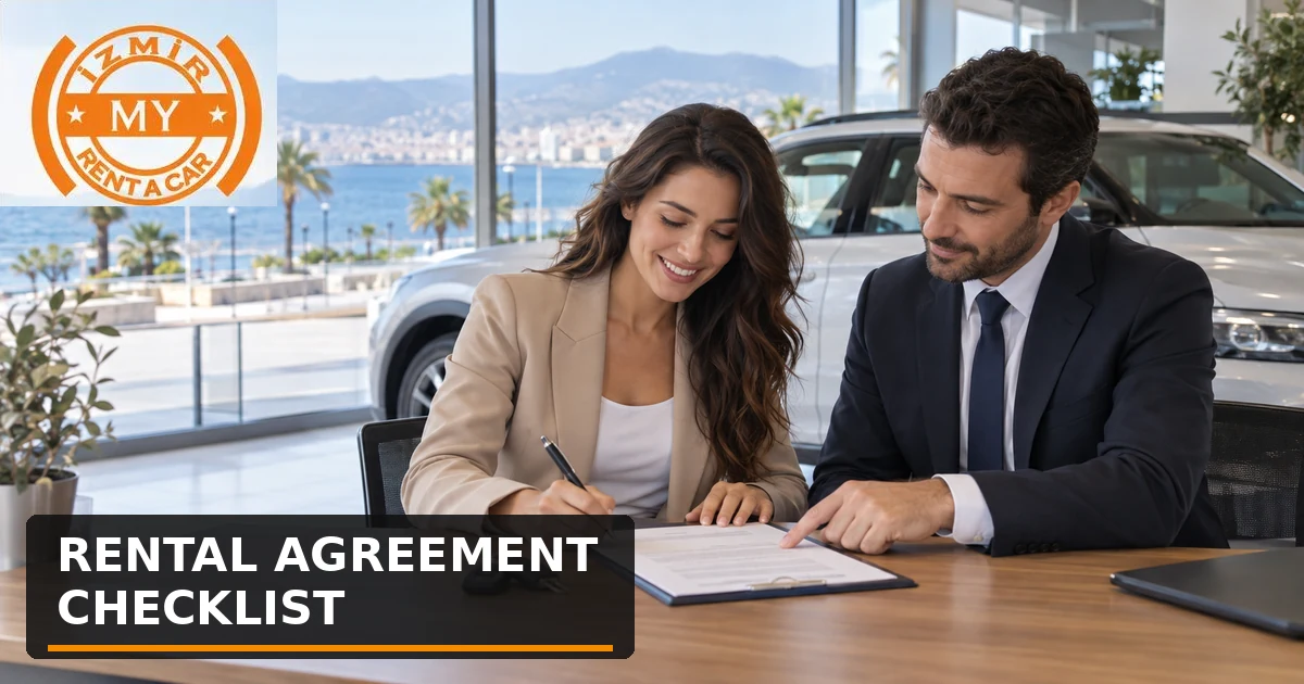 Une femme examine et signe les clauses du contrat avec le personnel de l’agence de location de voitures