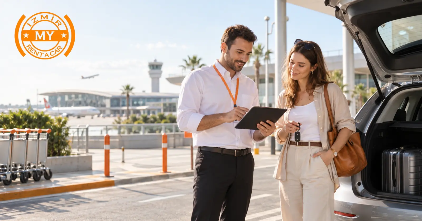 Voyageur contrôlant une voiture de location avec un membre de l’équipe à l’aéroport