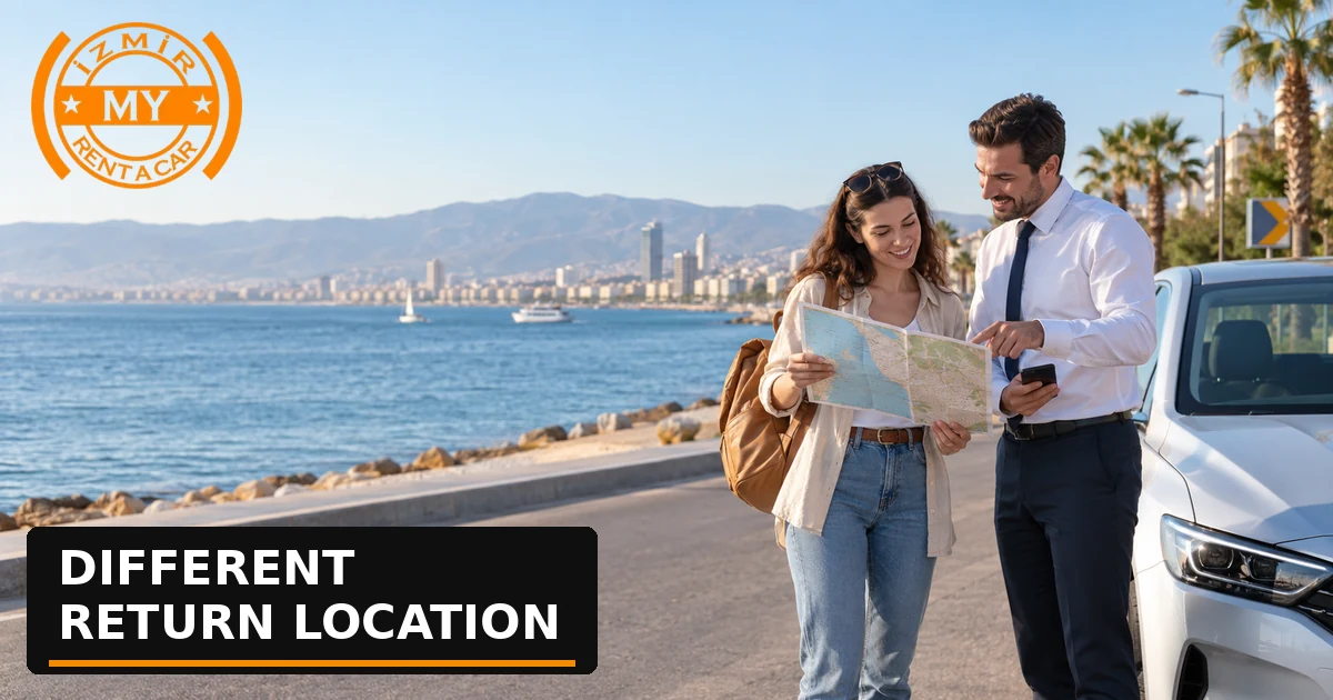 Un voyageur examinant un autre emplacement de retour de véhicule sur une carte avec un accompagnateur sur le front de mer d'Izmir