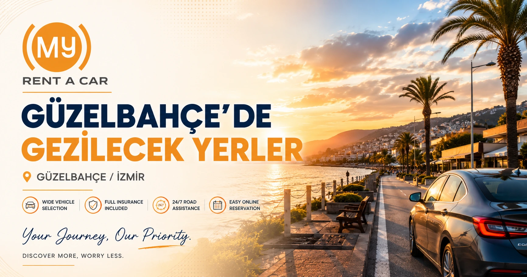 Güzelbahçe'de gezilecek yerler, sahil yürüyüşleri, gün batımı ve İzmir Körfezi'nin eşsiz manzarası.