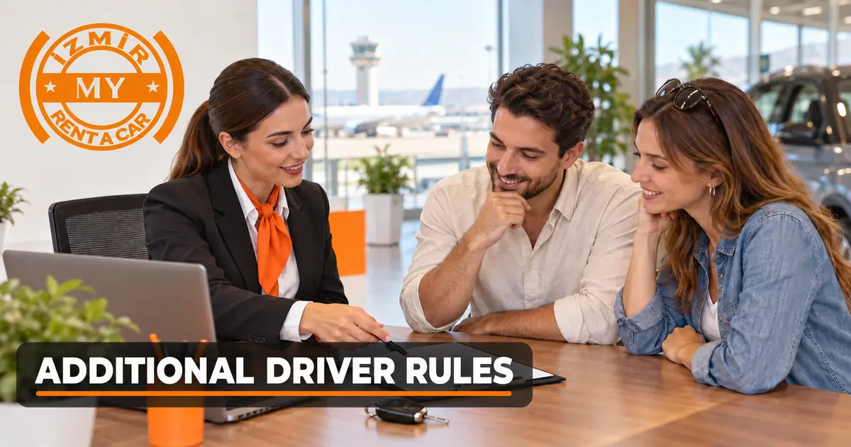 Conseiller expliquant à deux clients comment ajouter un conducteur au contrat de location