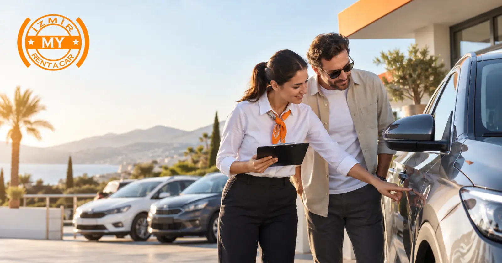 Client contrôlant une voiture de location avec un membre de l’équipe avant le retrait