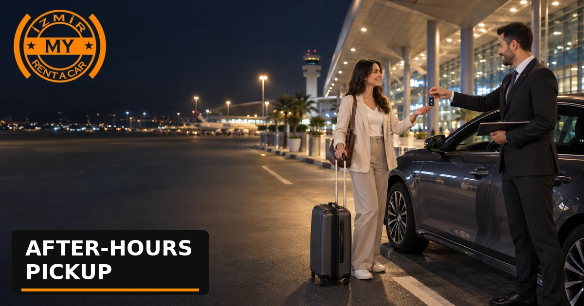 Un membre du personnel remet la clé de la voiture de location à un passager devant l'aéroport d'Izmir, de nuit