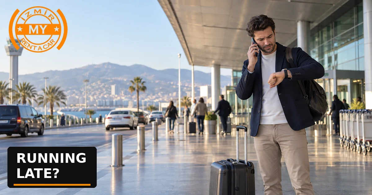 Un voyageur vérifie l'heure et appelle l'agence de location tout en se tenant devant l'aéroport d'Izmir.