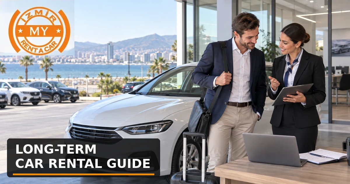 Un professionnel examine les options de location longue durée avec son équipe, à côté d'une voiture de location.