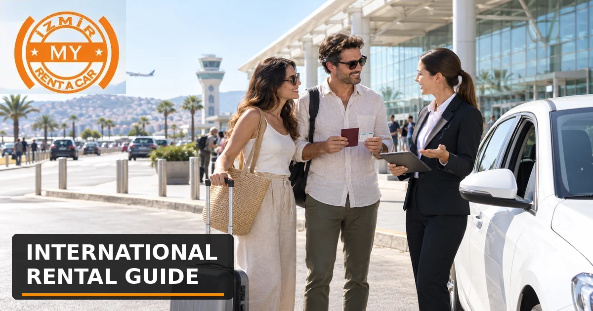 Un couple étranger présente son passeport et son permis de conduire à un agent à l'aéroport d'Izmir