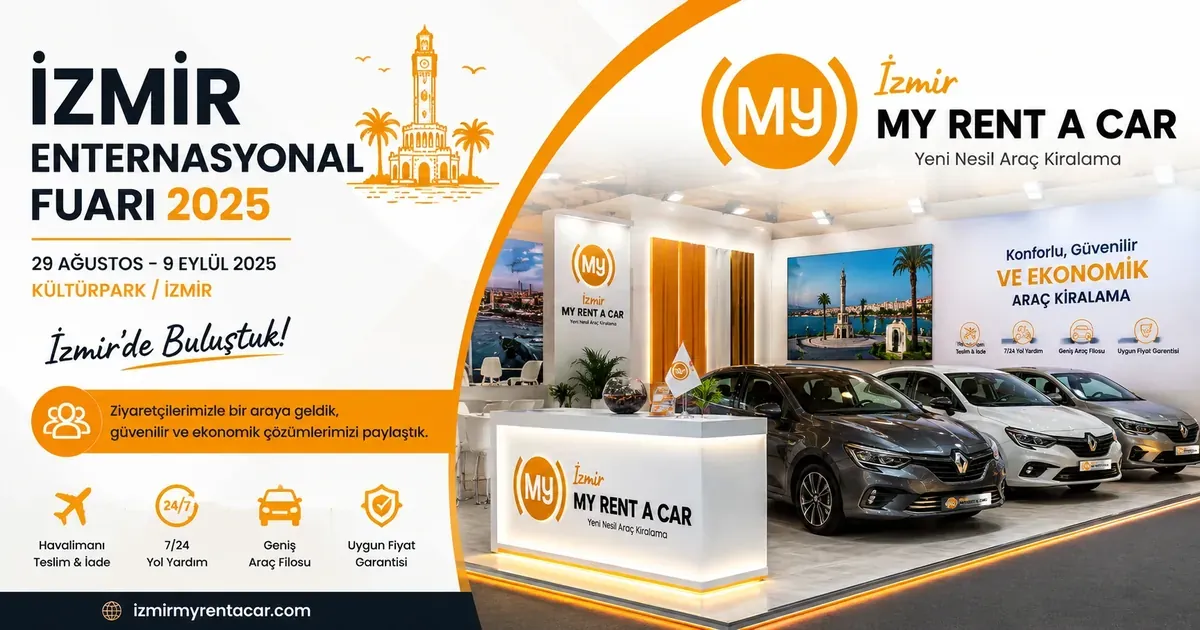 İzmir Enternasyonal Fuarı 2025'te İzmir My Rent A Car'ın araç kiralama hizmetlerini tanıttığı modern fuar standı.