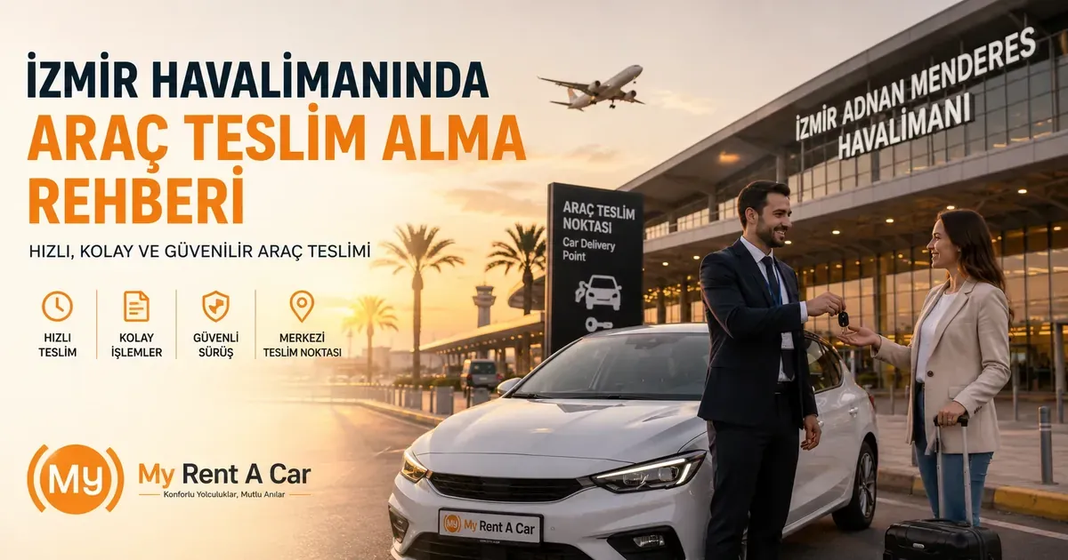 İzmir Adnan Menderes Havalimanı'nda araç teslim alma ve araç kiralama işlemlerini gösteren rehber görseli