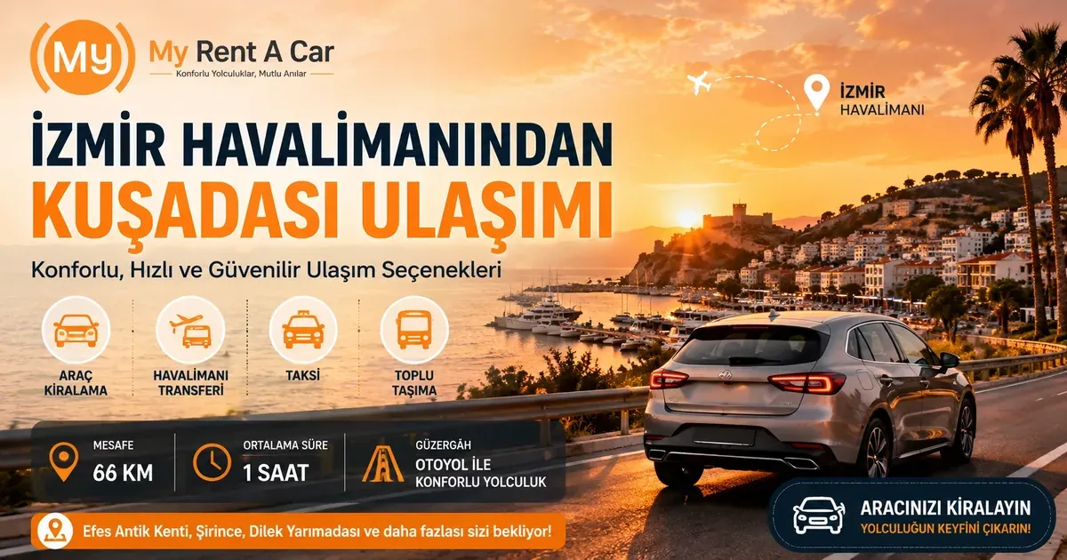 İzmir Adnan Menderes Havalimanından Kuşadası'na araç kiralama ile ulaşımı gösteren sahil ve yol manzarası