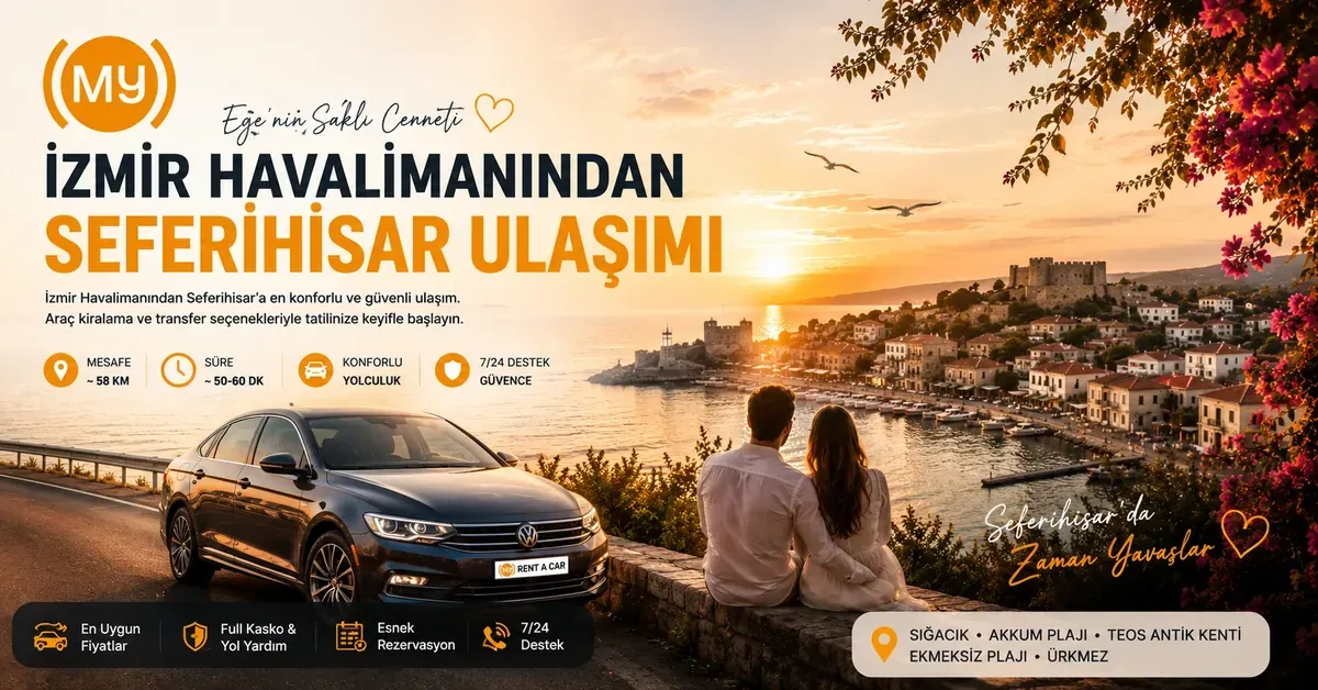 İzmir Adnan Menderes Havalimanından Seferihisar'a araç kiralama ile ulaşımı gösteren Sığacık ve gün batımı manzarası