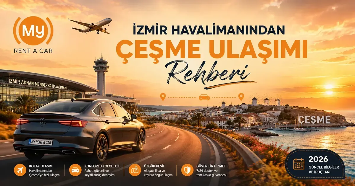İzmir Adnan Menderes Havalimanından Çeşme ve Alaçatı'ya araç kiralama ile ulaşımı gösteren görsel