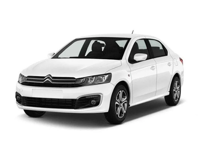 İzmir My Rent A Car filosunda bulunan beyaz Citroën C-Elysée ekonomik sedan kiralık araç modeli.